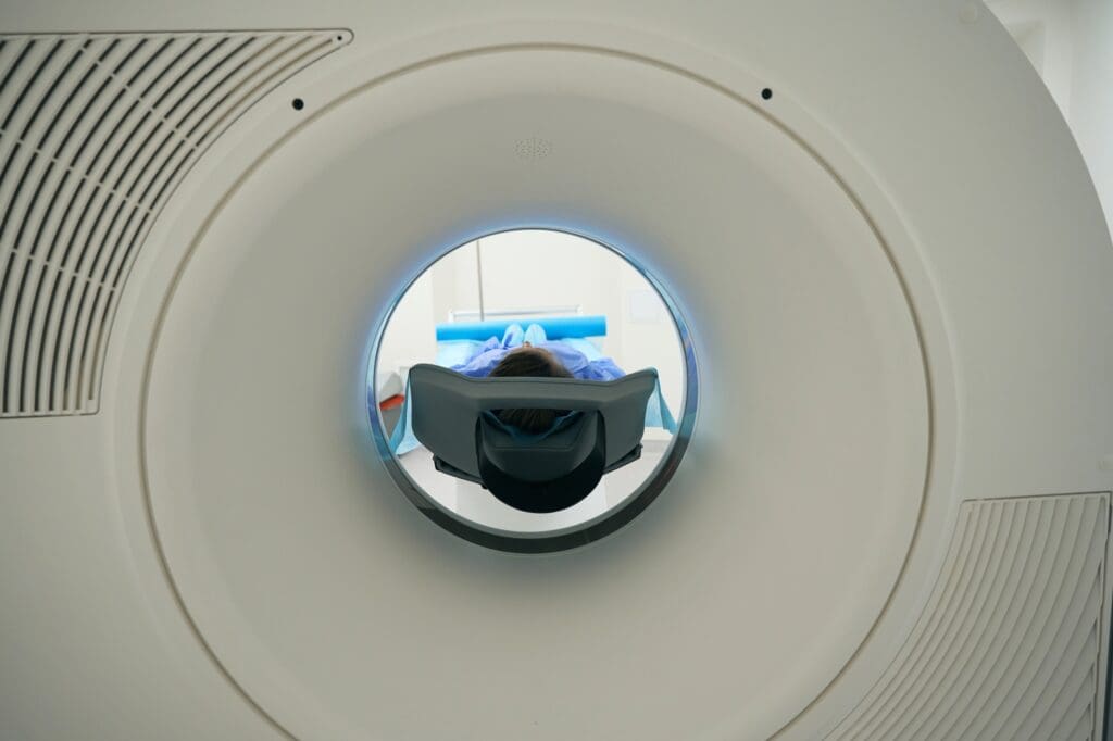 Patient is placed in the chamber of modern MRI machine